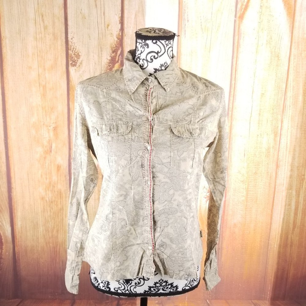 Prana Beige & Gray Paisley Long Sleeve Pearl Snap